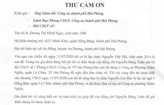 Thư cảm ơn về việc cán bộ Phòng CSGT đưa cháu bé 6 tuổi bị lạc về với gia đình